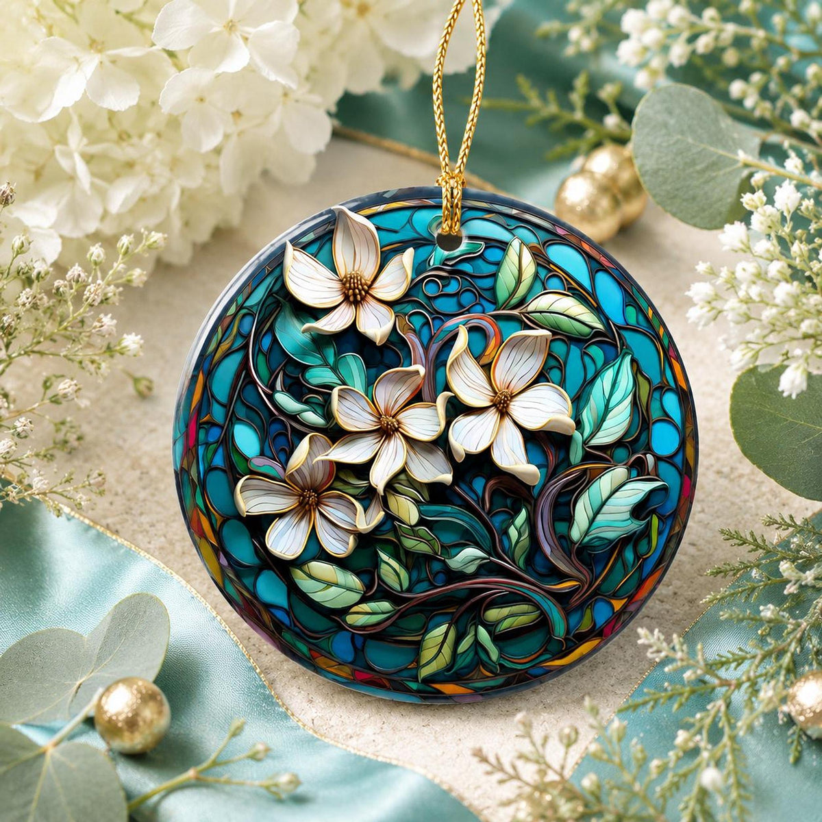 Magnolia Ornament, Teal Floral Ceramic Keepsake with Personalized Option