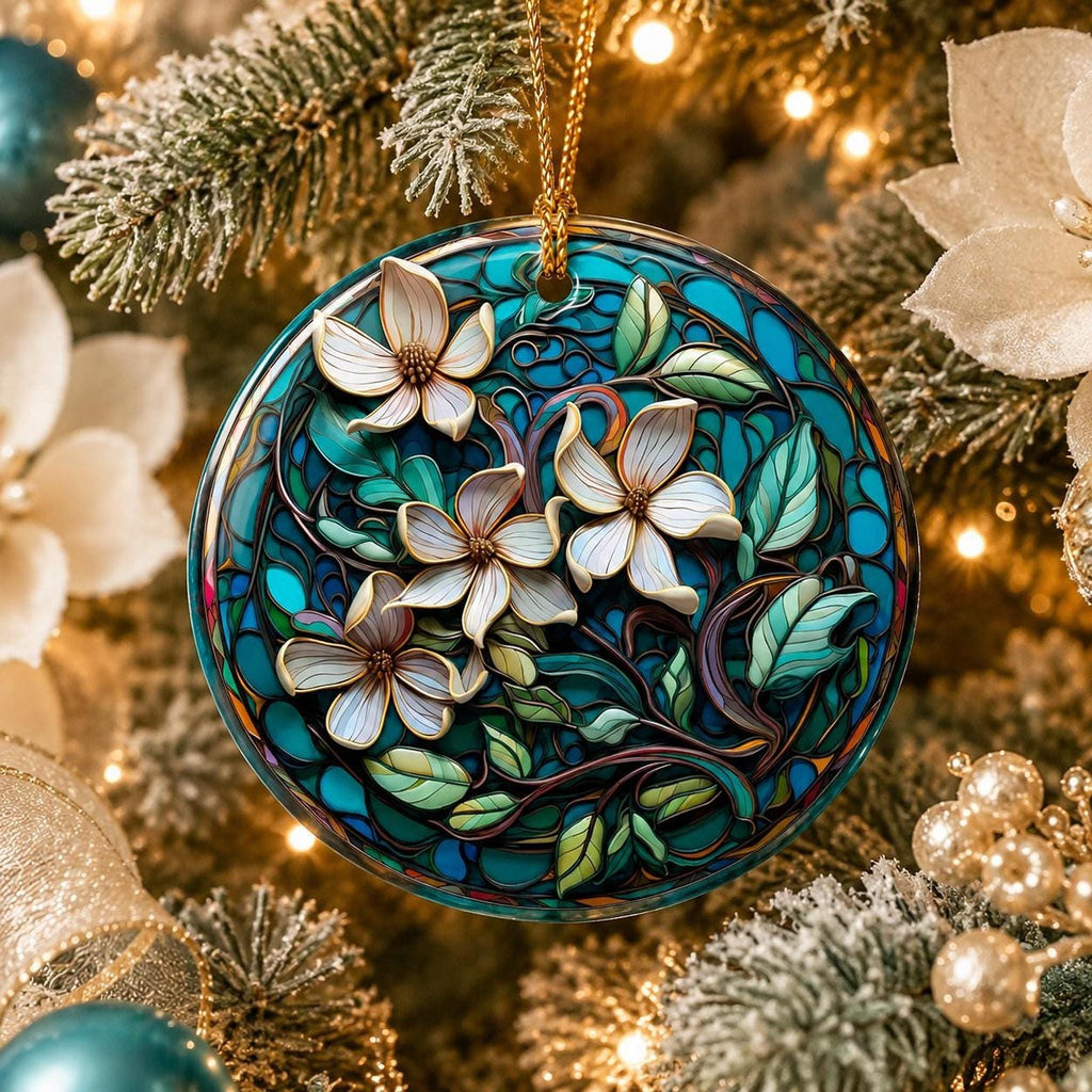 Magnolia Ornament, Teal Floral Ceramic Keepsake with Personalized Option
