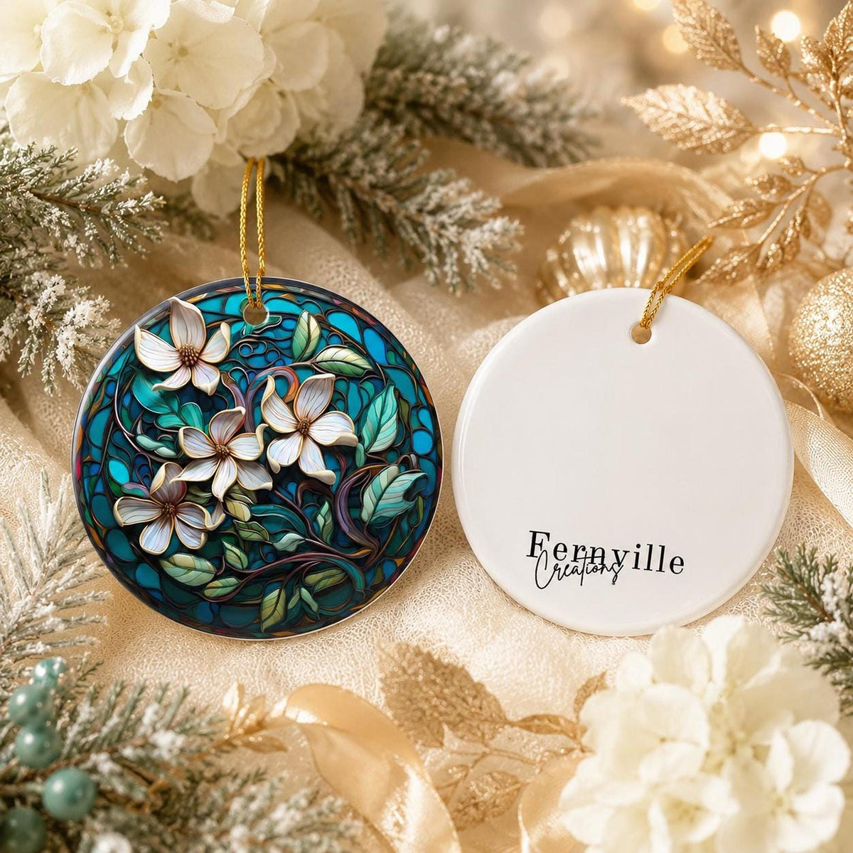 Magnolia Ornament, Teal Floral Ceramic Keepsake with Personalized Option