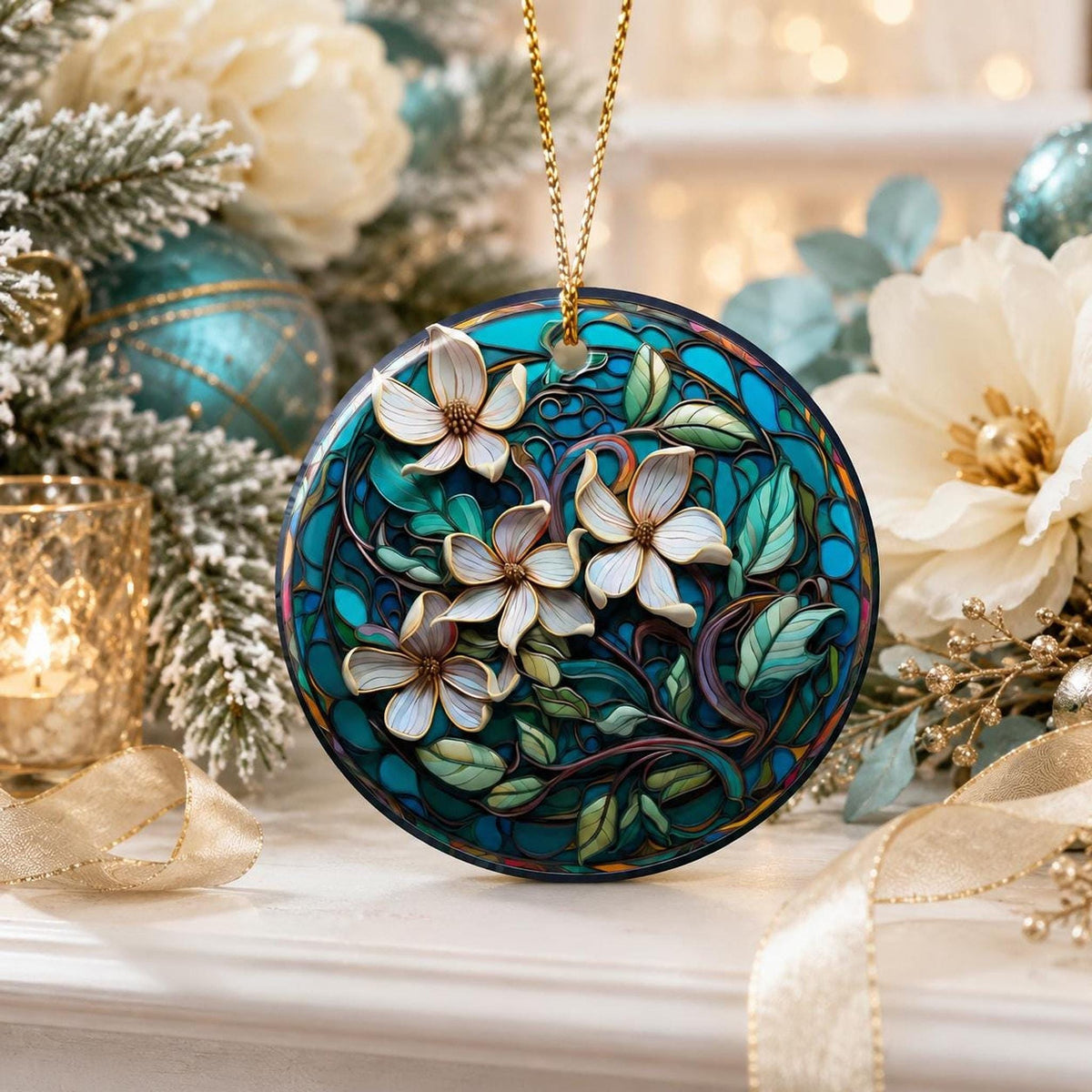 Magnolia Ornament, Teal Floral Ceramic Keepsake with Personalized Option