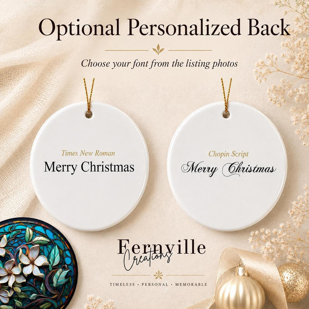 Magnolia Ornament, Teal Floral Ceramic Keepsake with Personalized Option
