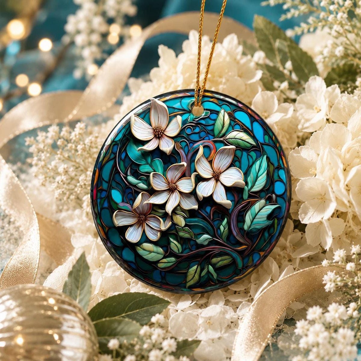 Magnolia Ornament, Teal Floral Ceramic Keepsake with Personalized Option