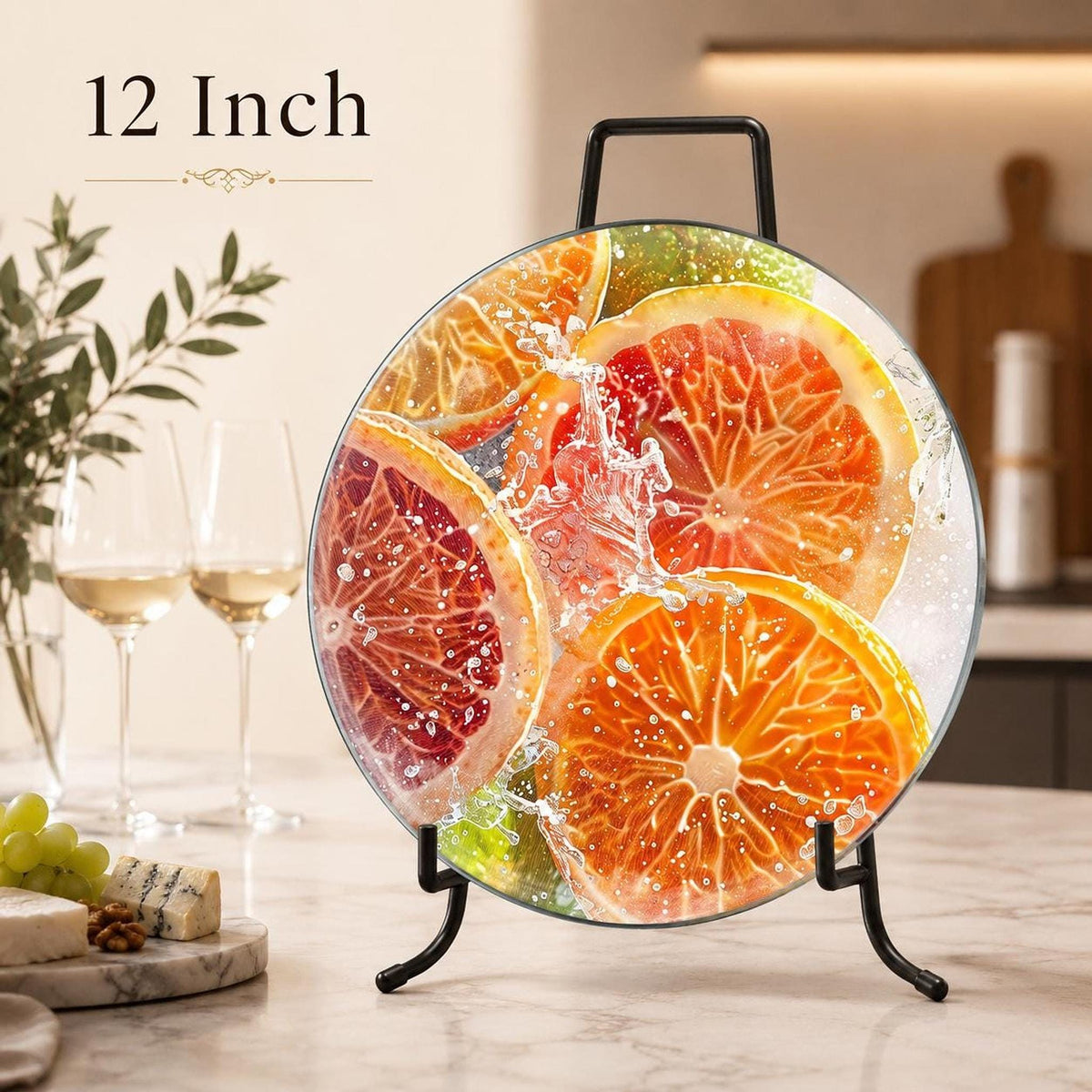 Citrus Cutting Board, Round Tempered Glass Serving Tray with Fruit Design