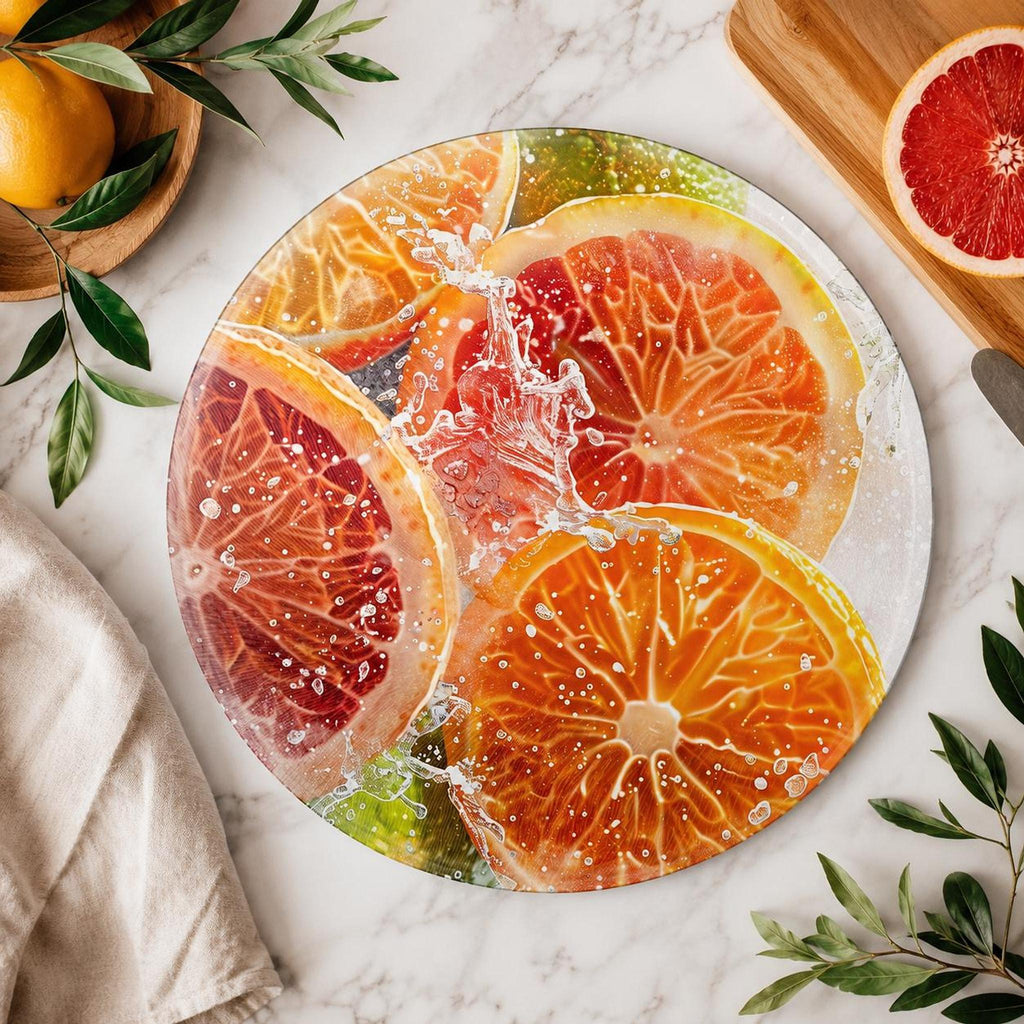 Citrus Cutting Board, Round Tempered Glass Serving Tray with Fruit Design