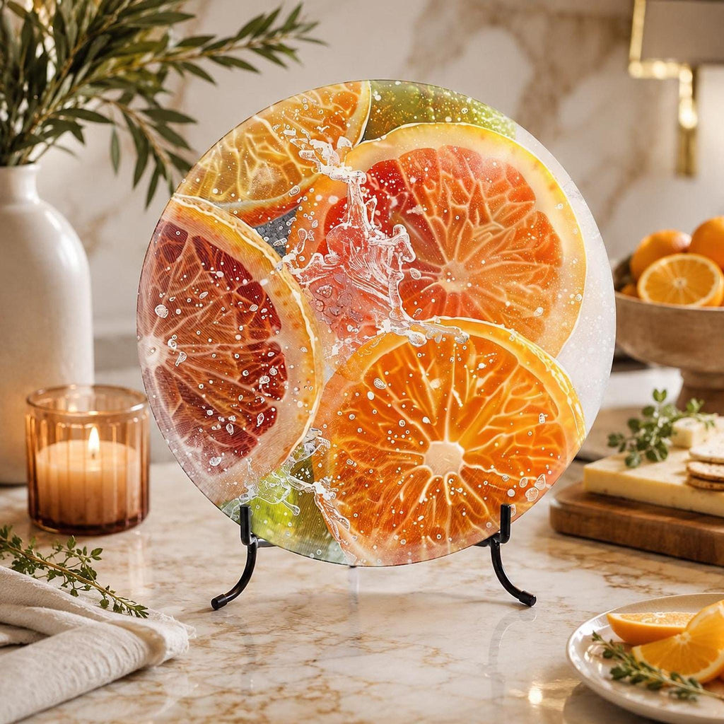 Citrus Cutting Board, Round Tempered Glass Serving Tray with Fruit Design