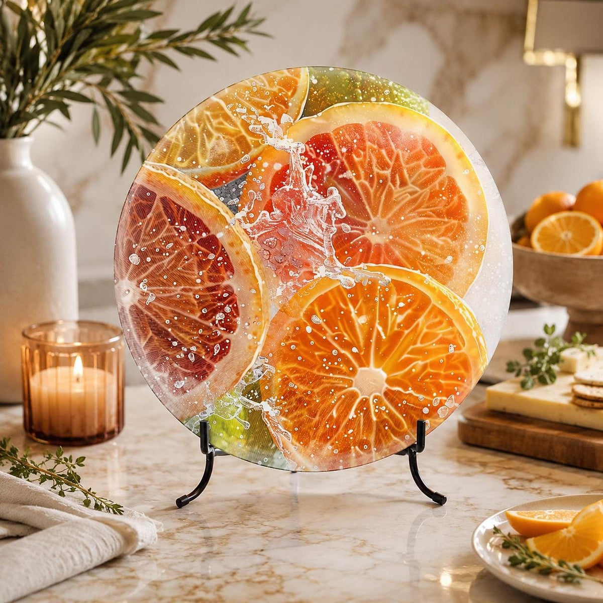 Citrus Cutting Board, Round Tempered Glass Serving Tray with Fruit Design