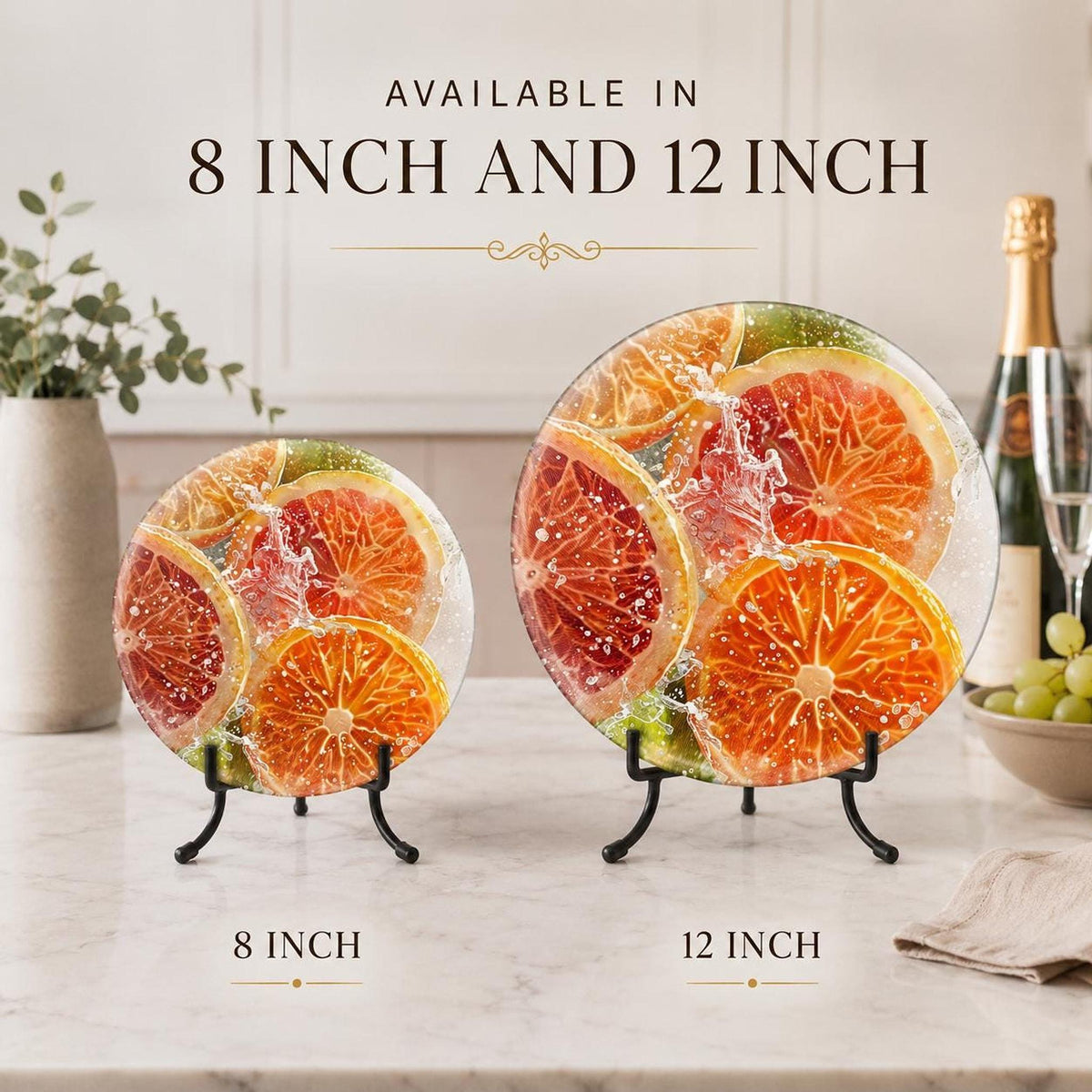 Citrus Cutting Board, Round Tempered Glass Serving Tray with Fruit Design
