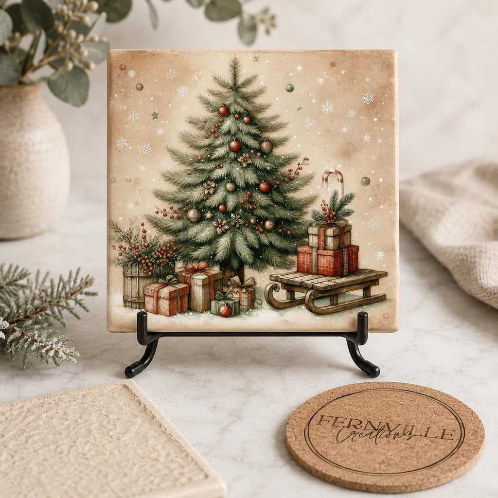 Christmas Coasters Set, Square Ceramic with Vintage Tree Designs
