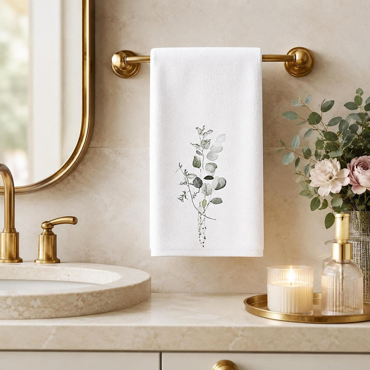 Eucalyptus Towel, Elegant Botanical Hand for Spa Decor