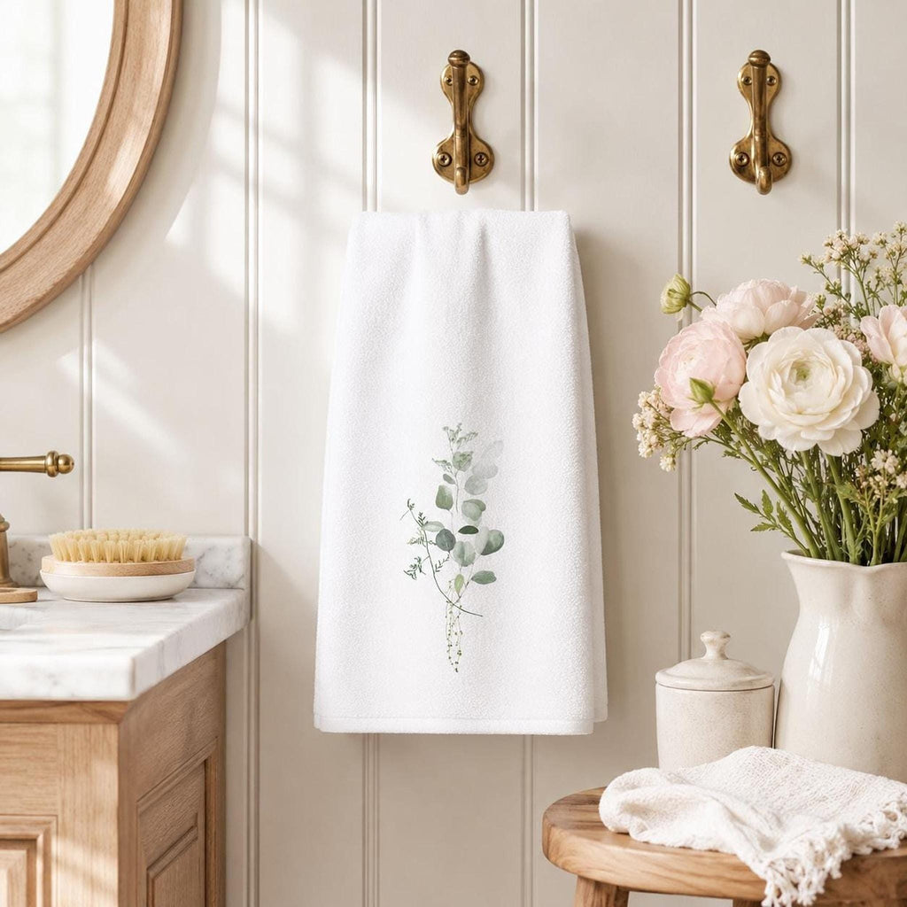 Eucalyptus Towel, Elegant Botanical Hand for Spa Decor