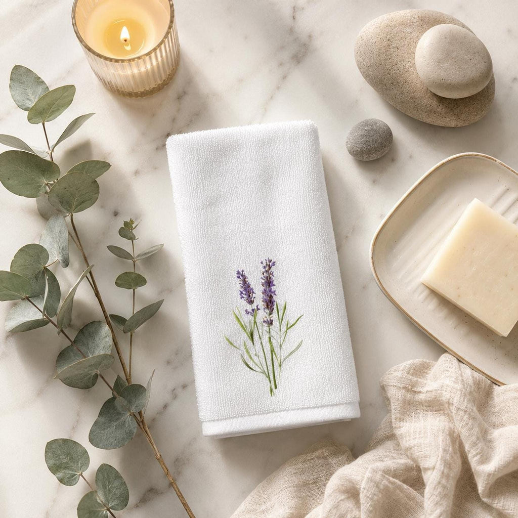 Lavender Towel with Floral Design, Elegant Guest Bath