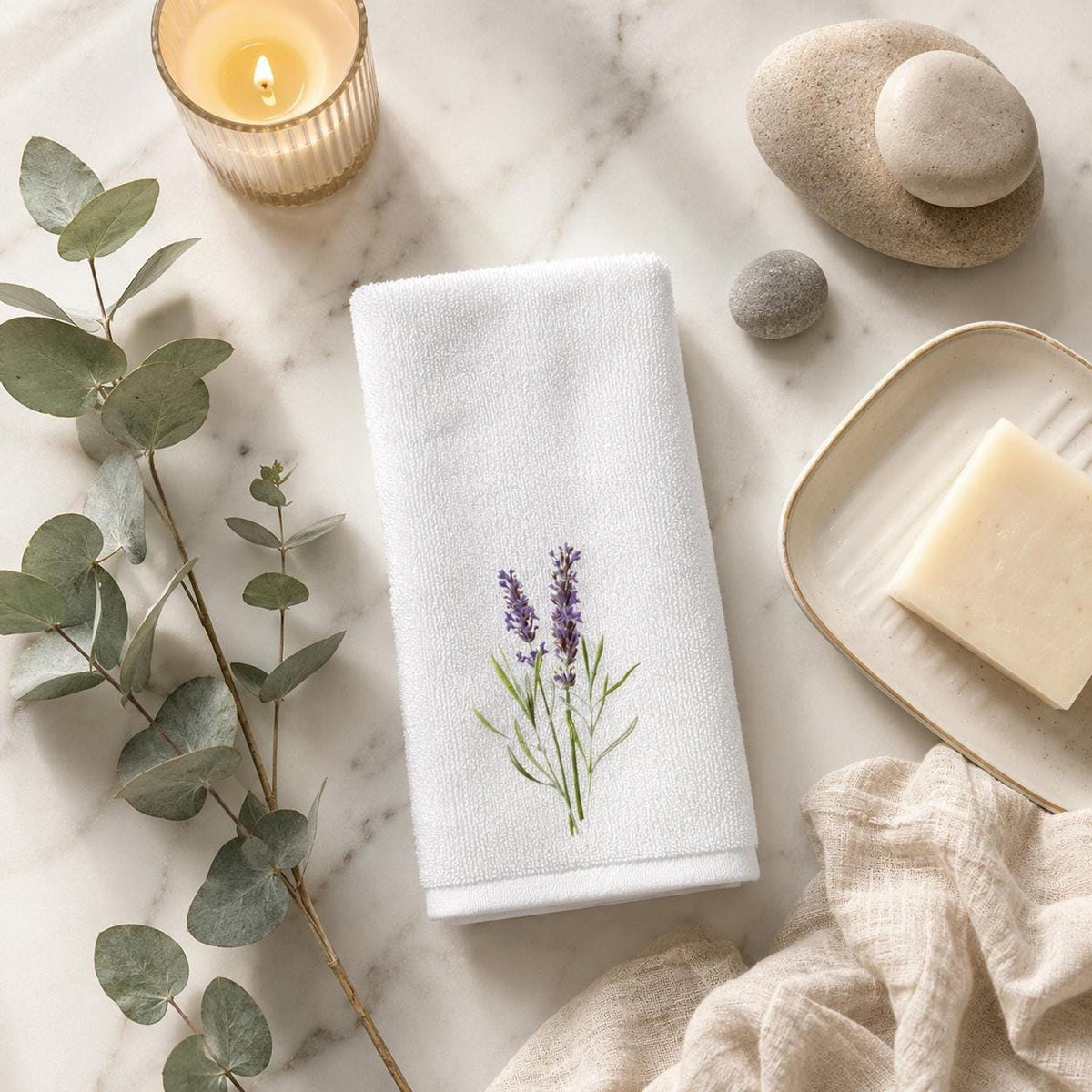 Lavender Towel with Floral Design, Elegant Guest Bath