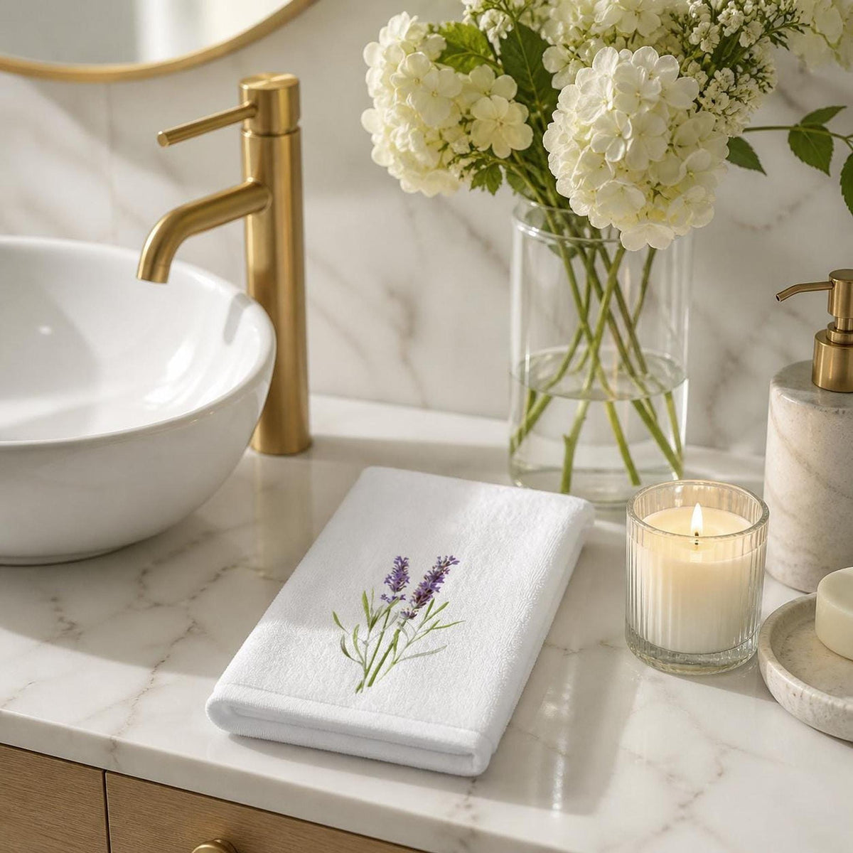 Lavender Towel with Floral Design, Elegant Guest Bath