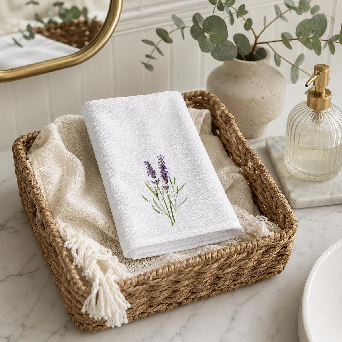 Lavender Towel with Floral Design, Elegant Guest Bath