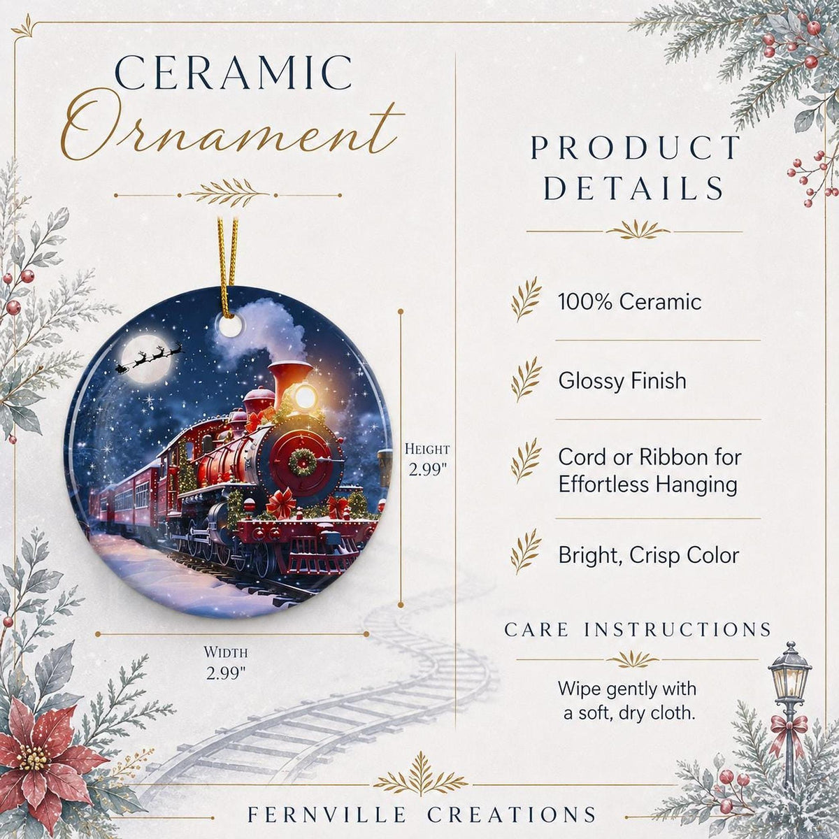 Santa Train Ornament, Festive Ceramic Keepsake for Railroad Lovers