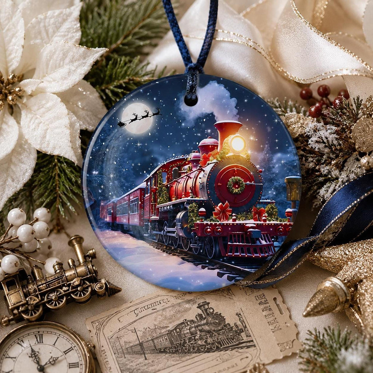 Santa Train Ornament, Festive Ceramic Keepsake for Railroad Lovers