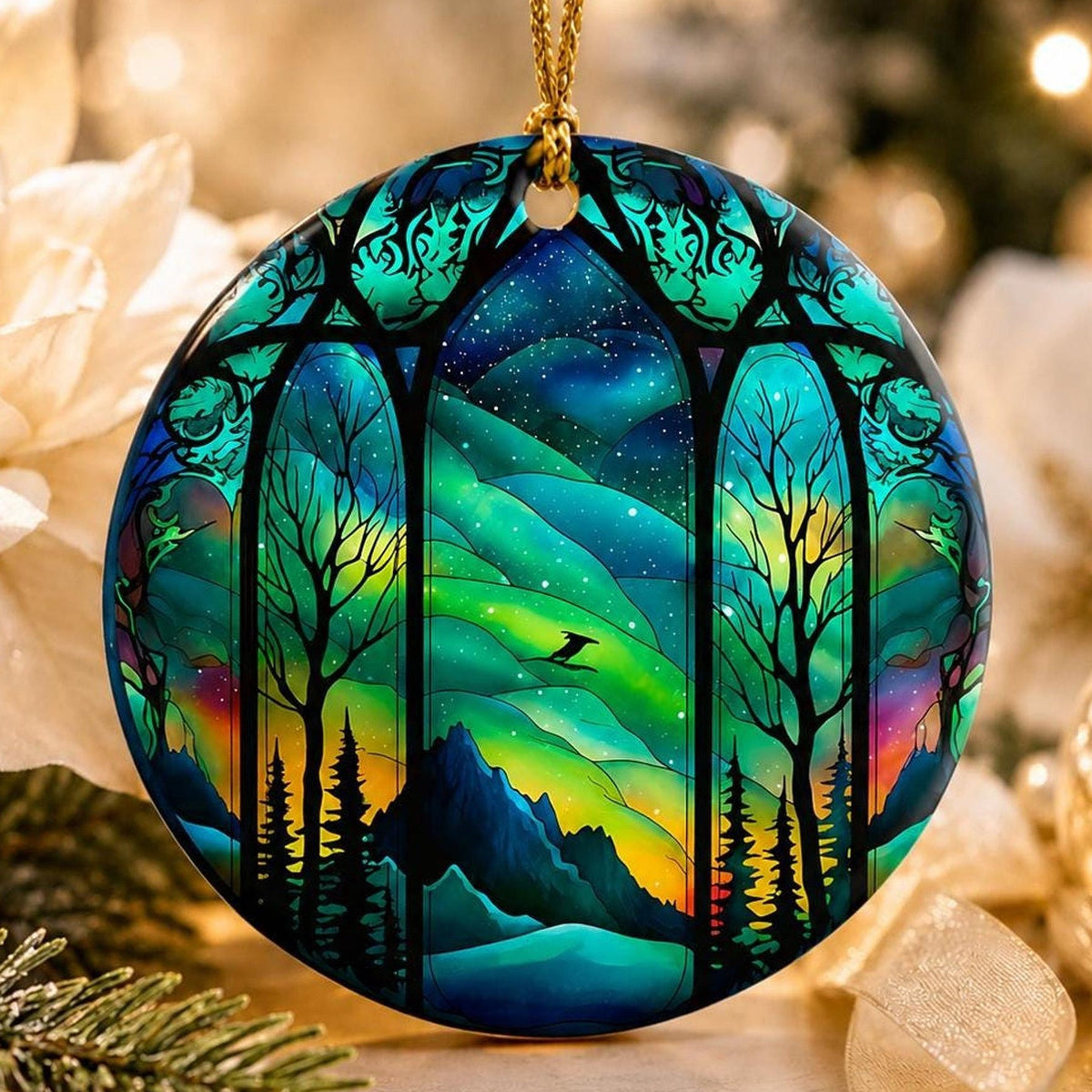 Northern Lights Ceramic Ornament, Winter Scene Tree Decor
