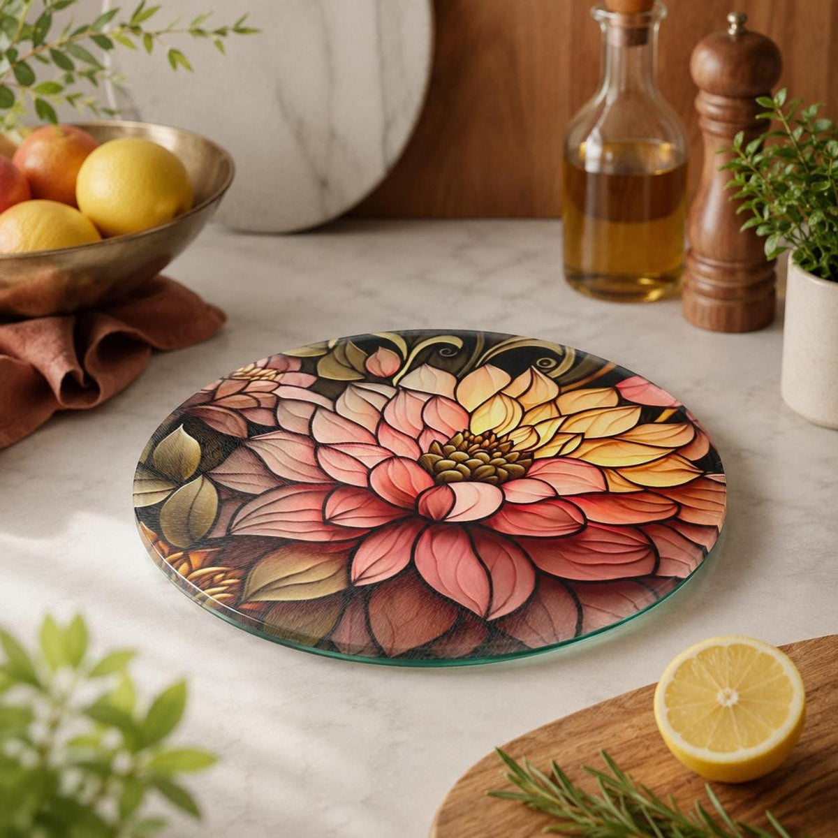 Floral Cutting Board, Round Tempered Glass Serving Tray with Blossom Design