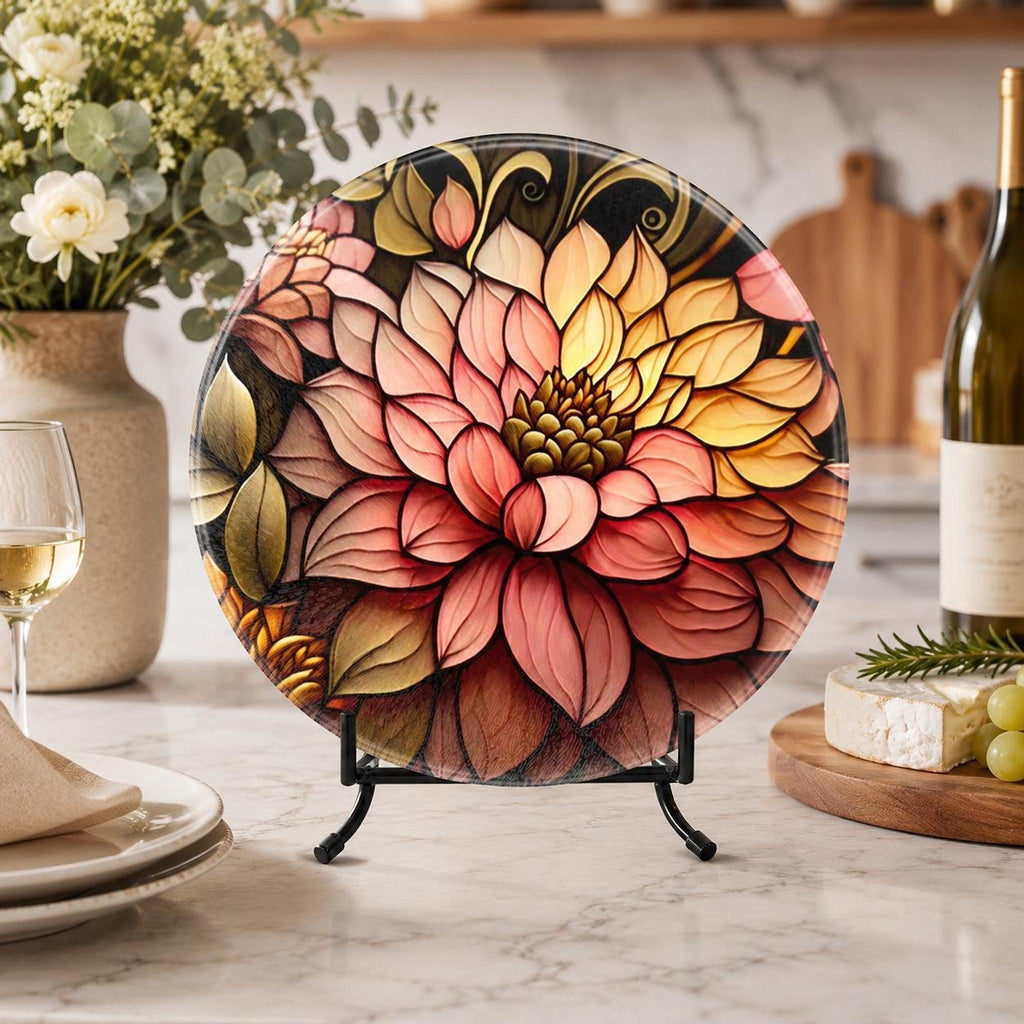 Floral Cutting Board, Round Tempered Glass Serving Tray with Blossom Design