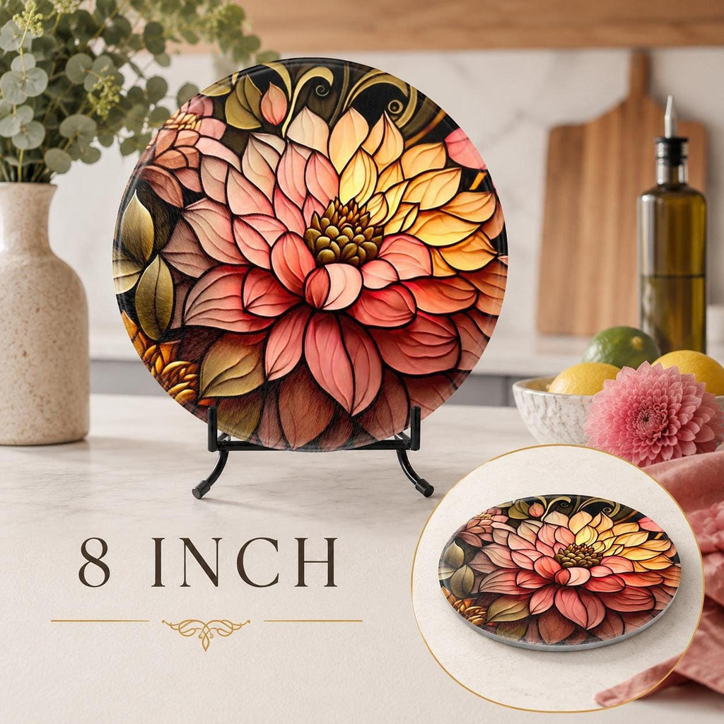 Floral Cutting Board, Round Tempered Glass Serving Tray with Blossom Design
