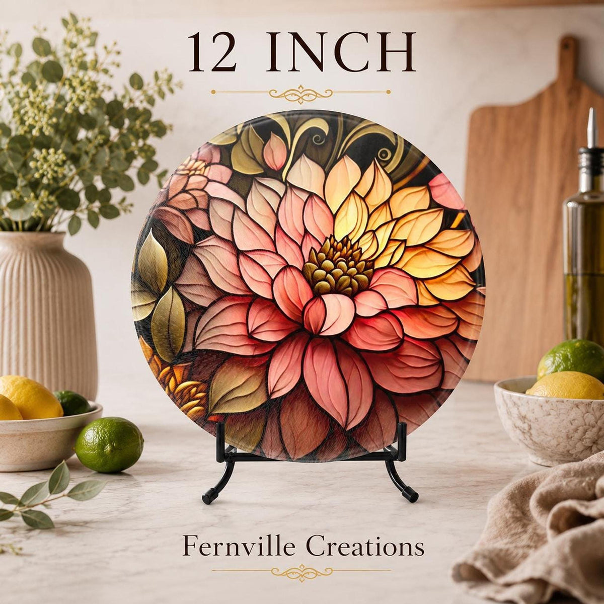 Floral Cutting Board, Round Tempered Glass Serving Tray with Blossom Design