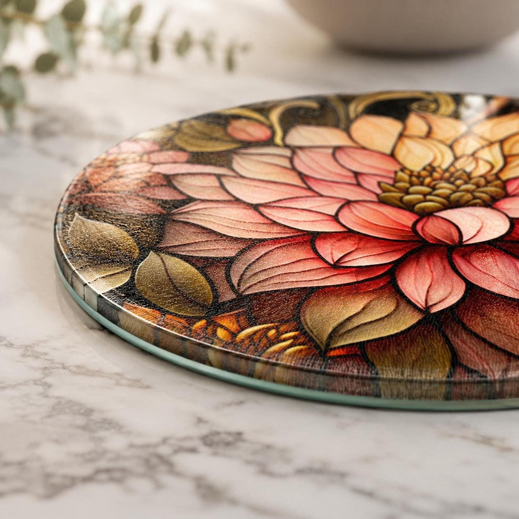 Floral Cutting Board, Round Tempered Glass Serving Tray with Blossom Design