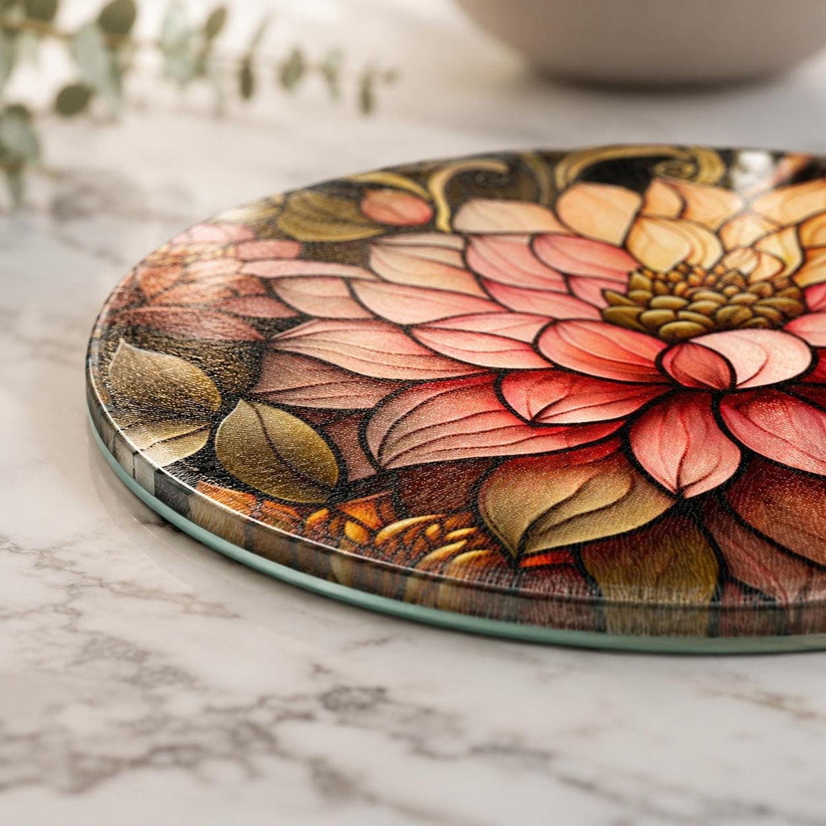 Floral Cutting Board, Round Tempered Glass Serving Tray with Blossom Design