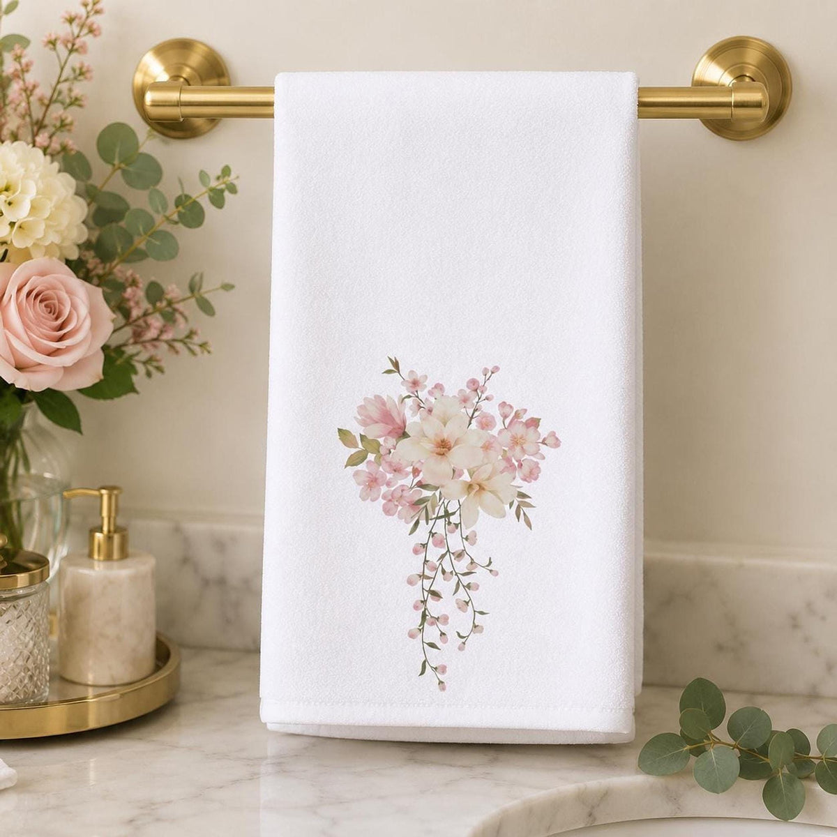 Pink Floral Towel, Elegant Hand with Watercolor Design