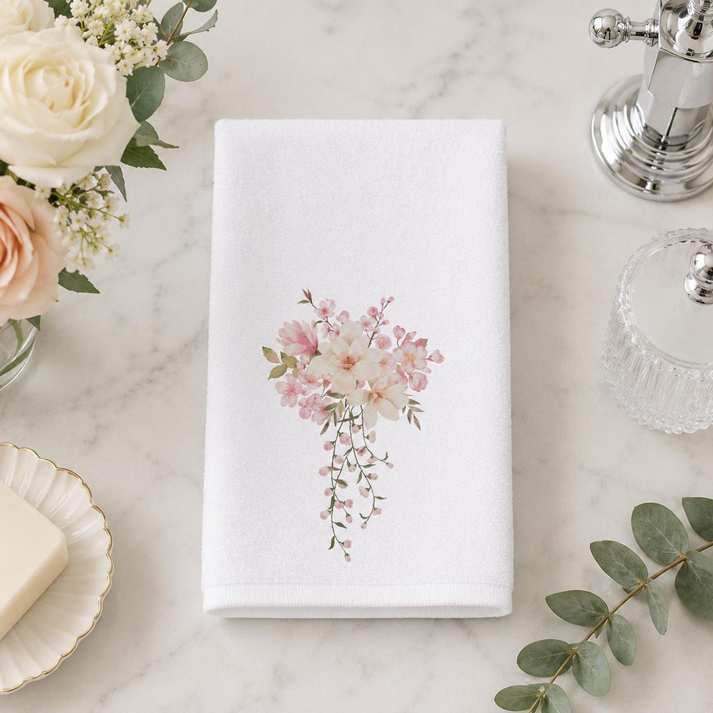 Pink Floral Towel, Elegant Hand with Watercolor Design
