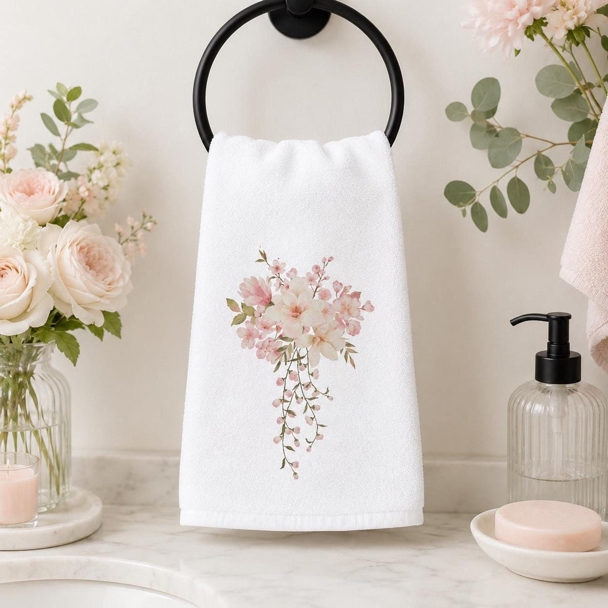 Pink Floral Towel, Elegant Hand with Watercolor Design