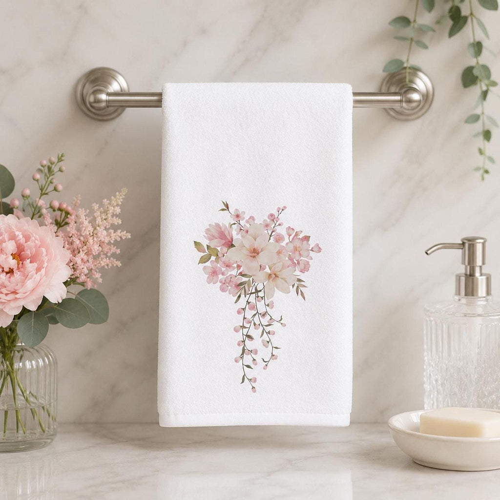Pink Floral Towel, Elegant Hand with Watercolor Design