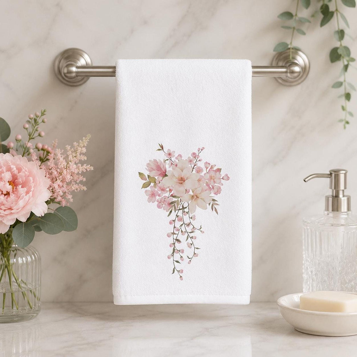 Pink Floral Towel, Elegant Hand with Watercolor Design