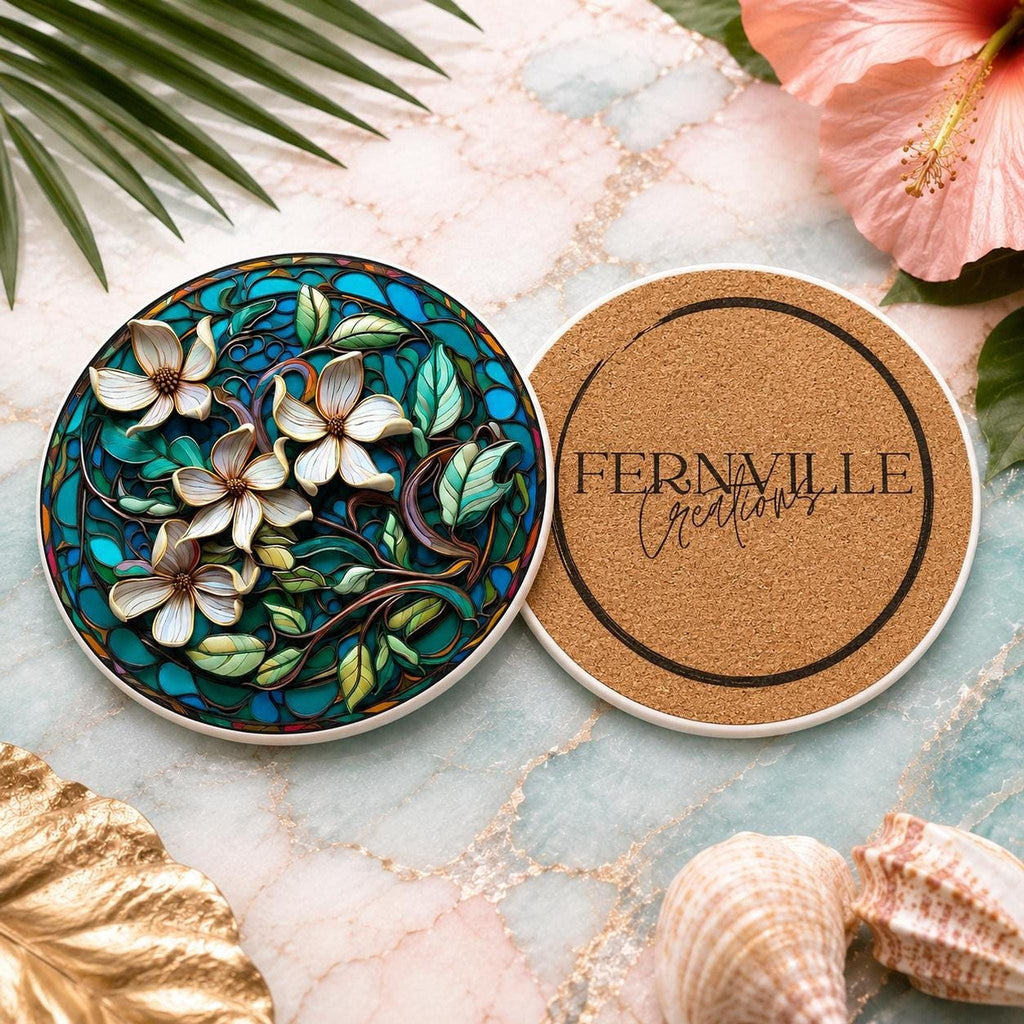 Ceramic Drink Mat with Teal Botanical Design, Floral Coaster for Coastal Garden Decor