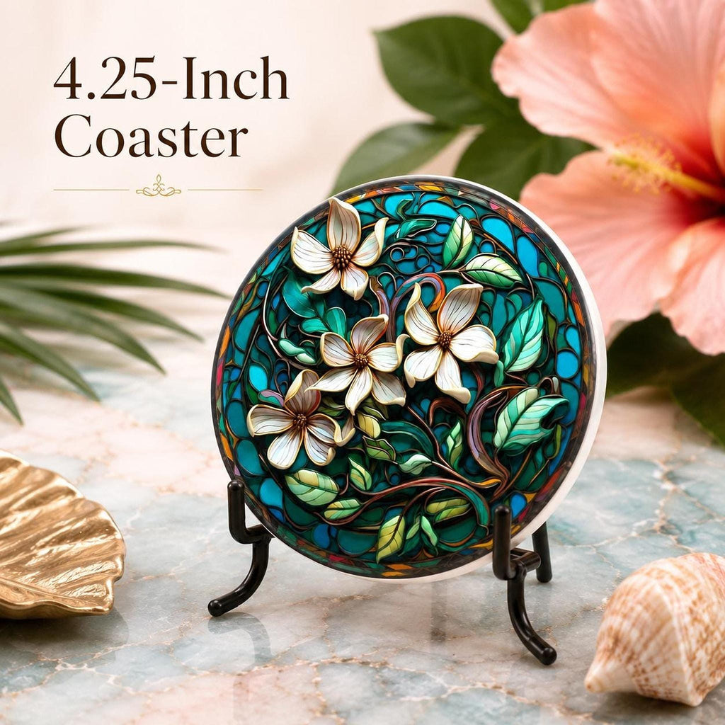 Ceramic Drink Mat with Teal Botanical Design, Floral Coaster for Coastal Garden Decor