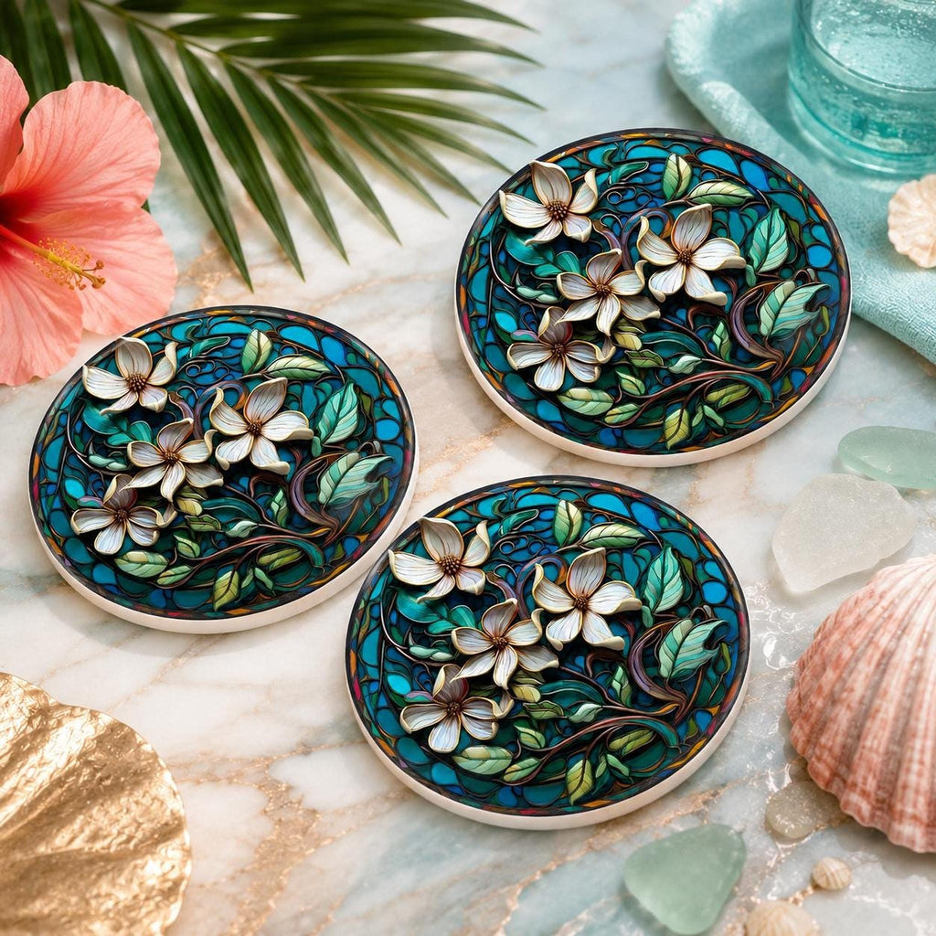Ceramic Drink Mat with Teal Botanical Design, Floral Coaster for Coastal Garden Decor
