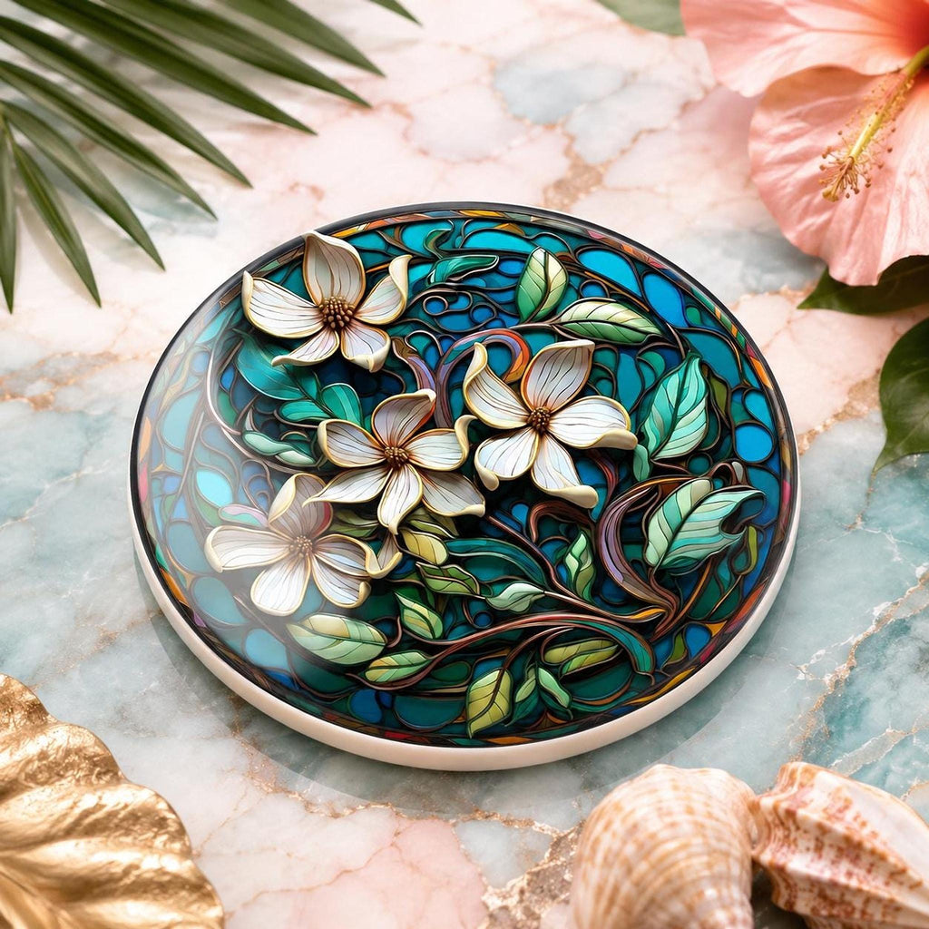 Ceramic Drink Mat with Teal Botanical Design, Floral Coaster for Coastal Garden Decor