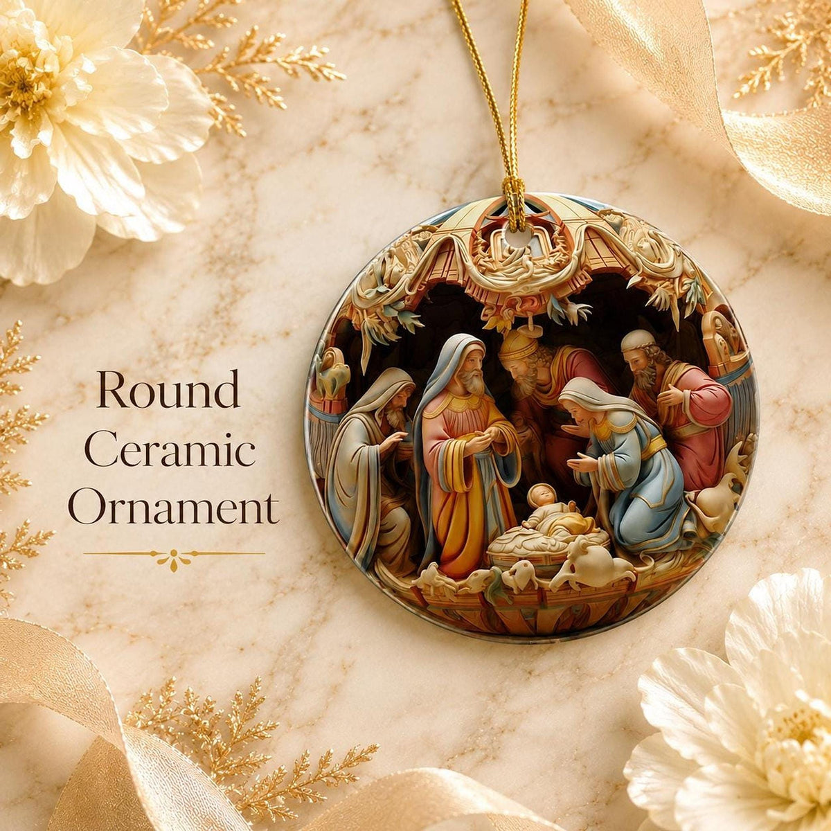 Nativity Ornament, Round Ceramic Keepsake with Holy Family Manger Scene