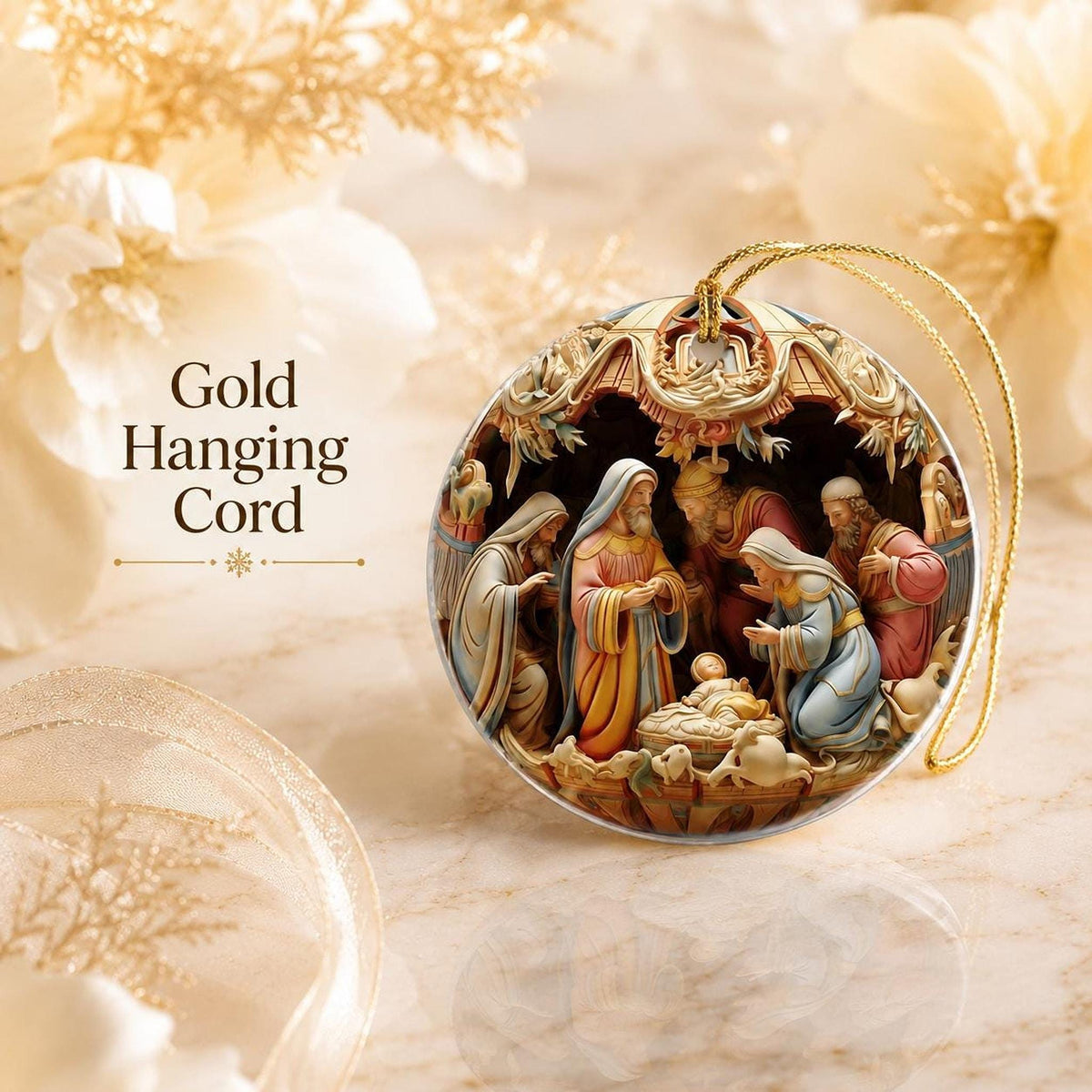 Nativity Ornament, Round Ceramic Keepsake with Holy Family Manger Scene