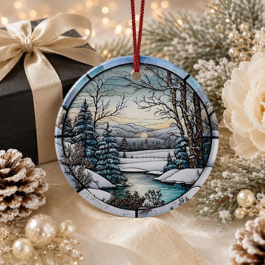 Winter Ornament, Ceramic Keepsake with Scenic Snow Landscape