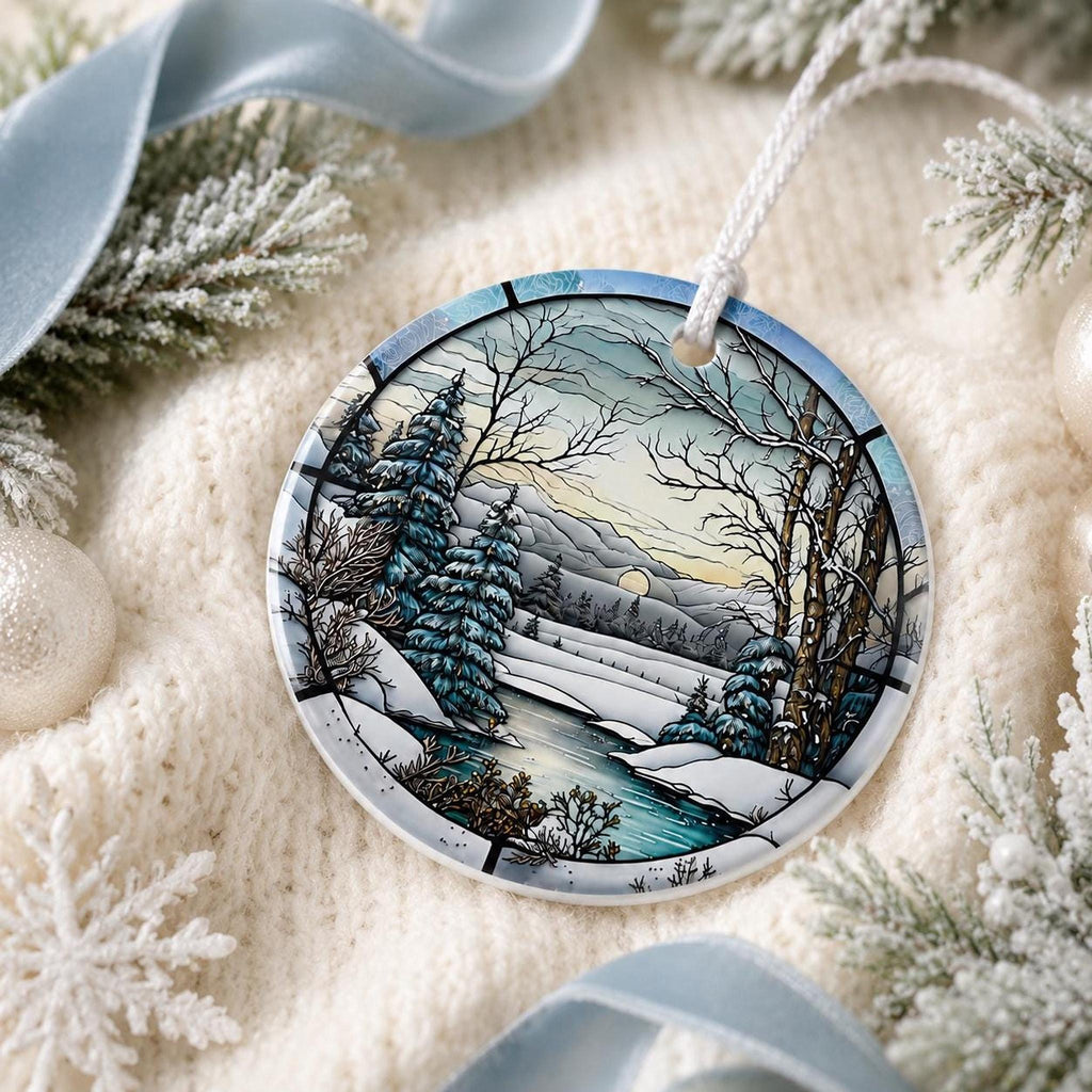 Winter Ornament, Ceramic Keepsake with Scenic Snow Landscape