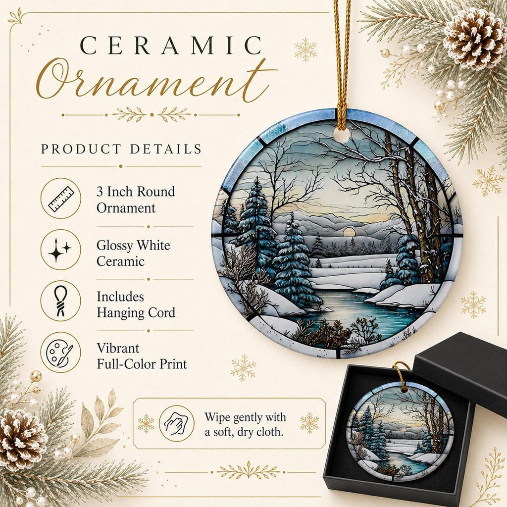 Winter Ornament, Ceramic Keepsake with Scenic Snow Landscape