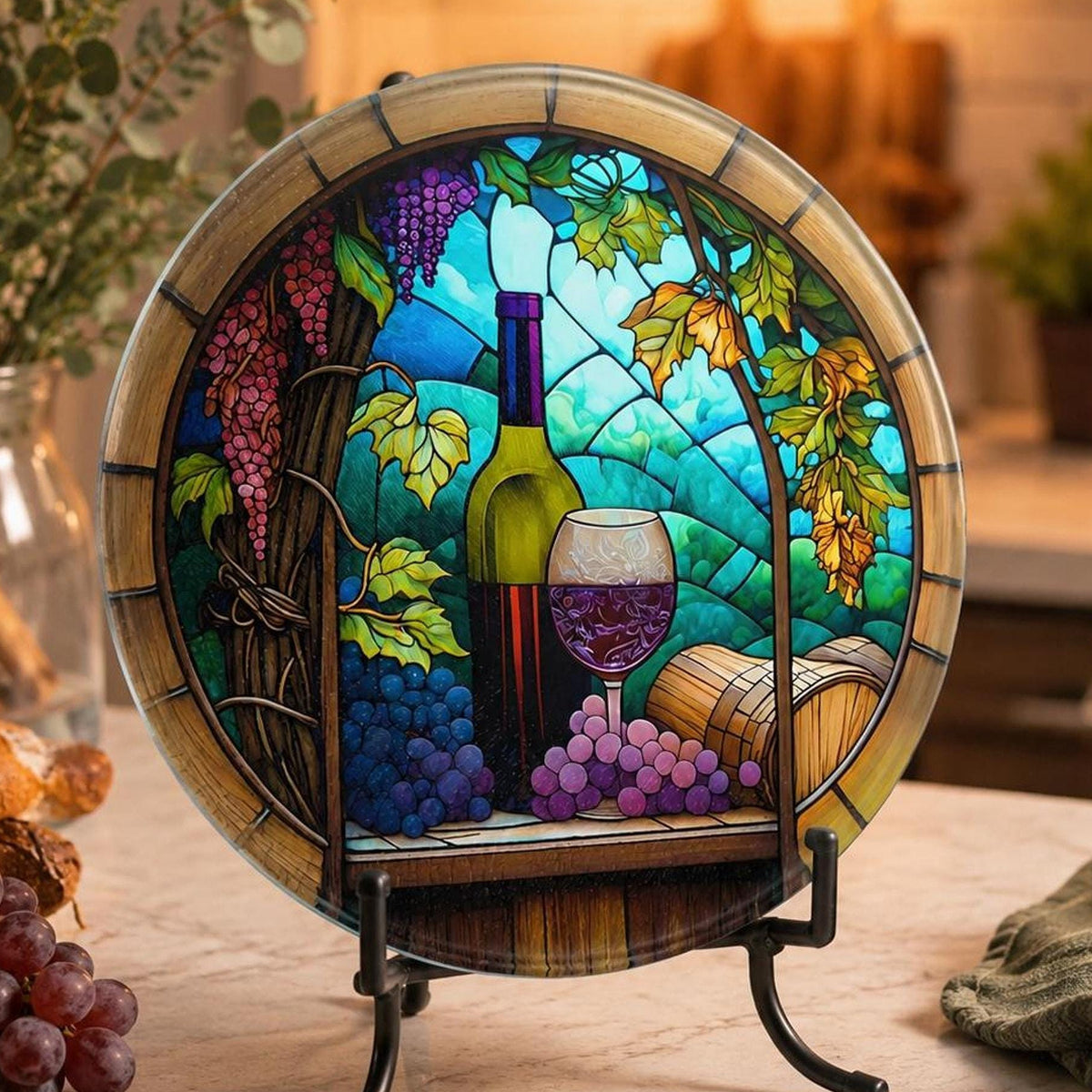 Wine Cutting Board with Vineyard Design, Round Tempered Glass Charcuterie Tray