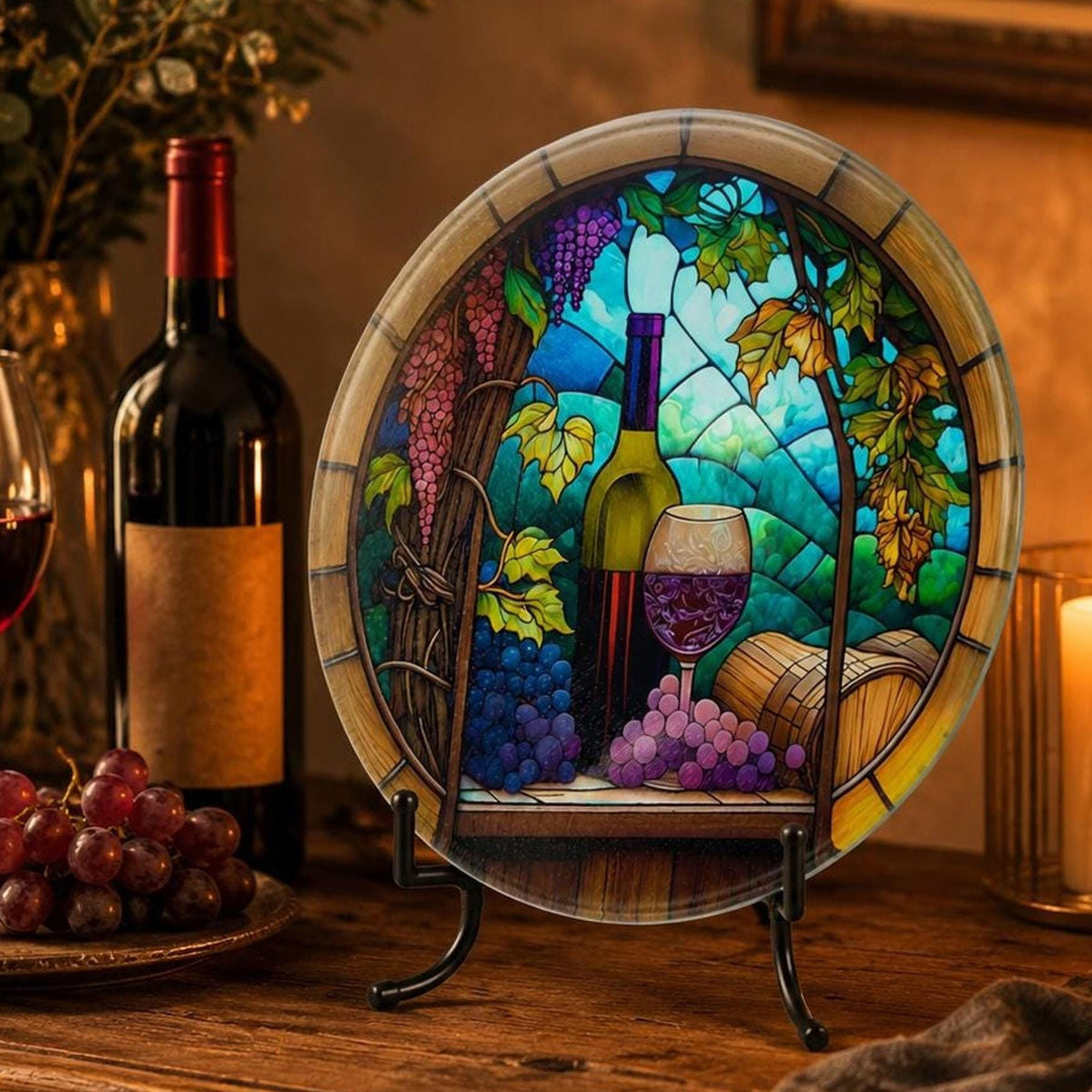 Wine Cutting Board with Vineyard Design, Round Tempered Glass Charcuterie Tray