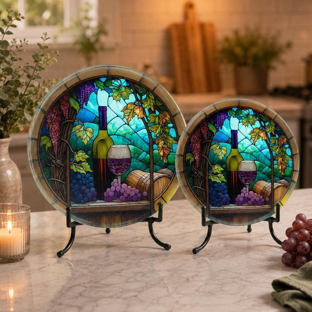 Wine Cutting Board with Vineyard Design, Round Tempered Glass Charcuterie Tray