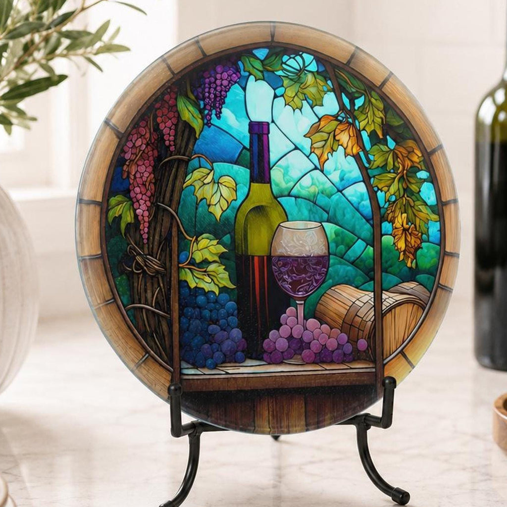 Wine Cutting Board with Vineyard Design, Round Tempered Glass Charcuterie Tray