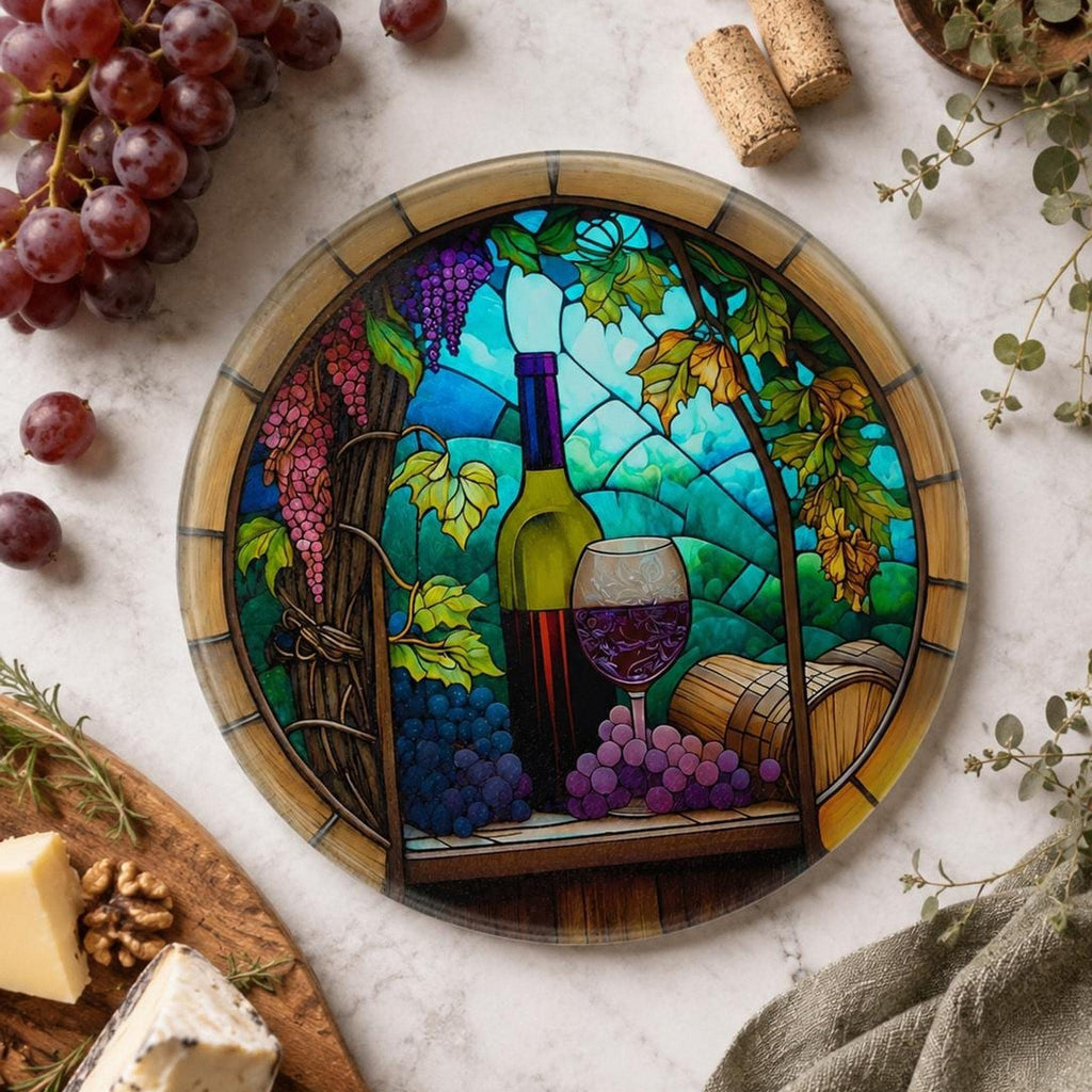 Wine Cutting Board with Vineyard Design, Round Tempered Glass Charcuterie Tray
