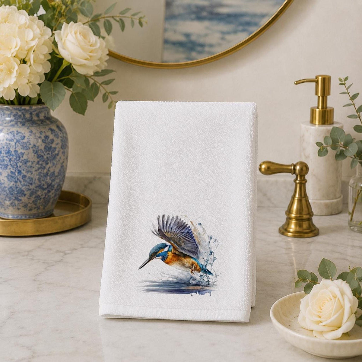 Kingfisher Towel, Decorative Hand with Bird Design for Bathroom