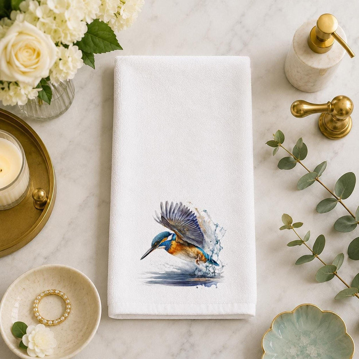 Kingfisher Towel, Decorative Hand with Bird Design for Bathroom