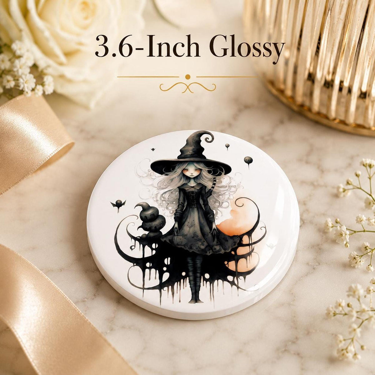 Witch Coaster with Whimsical Artwork, Round Ceramic Design for Gothic Decor