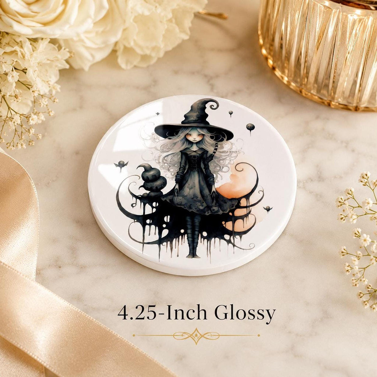 Witch Coaster with Whimsical Artwork, Round Ceramic Design for Gothic Decor
